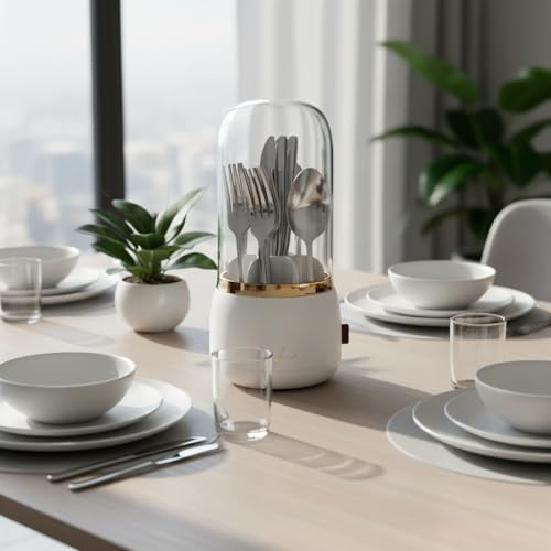 360° Rotating Silverware Organizer with Lid - 7 Slot Spoon Fork Utensil Holder for Kitchen Counter, Party Caddy with Drainage - My Kitchen Products