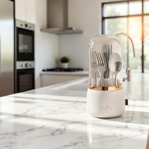 360° Rotating Silverware Organizer with Lid - 7 Slot Spoon Fork Utensil Holder for Kitchen Counter, Party Caddy with Drainage - My Kitchen Products