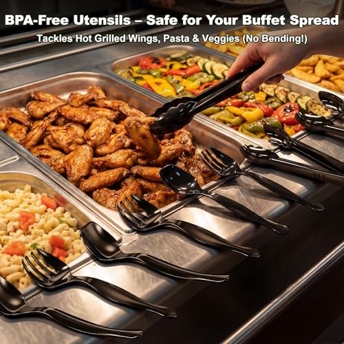 36Pcs Disposable Plastic Serving Utensils Set, 12 Black Spoons, 12 Forks, 12 Tongs, 9-Inch for Party Buffet Catering Events, Heavy Duty and Ergonomic Design - My Kitchen Products