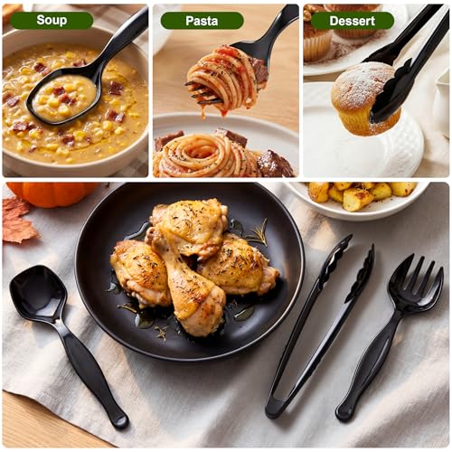36Pcs Disposable Plastic Serving Utensils Set, 12 Black Spoons, 12 Forks, 12 Tongs, 9-Inch for Party Buffet Catering Events, Heavy Duty and Ergonomic Design - My Kitchen Products