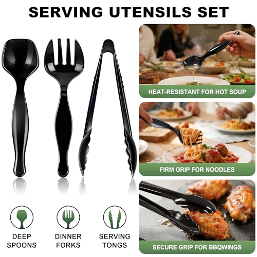 36Pcs Disposable Plastic Serving Utensils Set, 12 Black Spoons, 12 Forks, 12 Tongs, 9-Inch for Party Buffet Catering Events, Heavy Duty and Ergonomic Design - My Kitchen Products