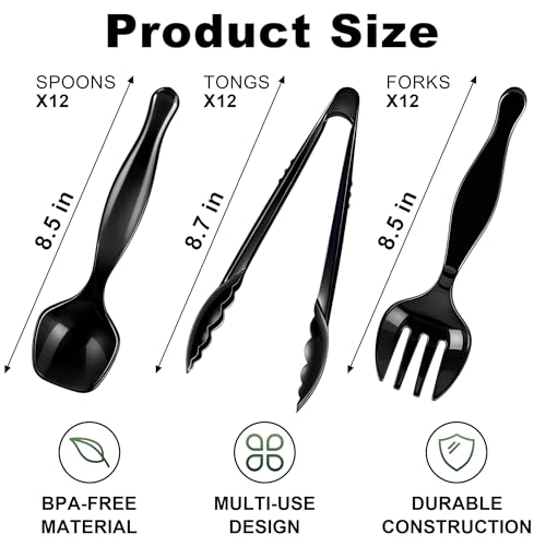 36Pcs Disposable Plastic Serving Utensils Set, 12 Black Spoons, 12 Forks, 12 Tongs, 9-Inch for Party Buffet Catering Events, Heavy Duty and Ergonomic Design - My Kitchen Products