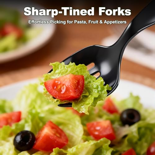 36Pcs Disposable Plastic Serving Utensils Set, 12 Black Spoons, 12 Forks, 12 Tongs, 9-Inch for Party Buffet Catering Events, Heavy Duty and Ergonomic Design - My Kitchen Products