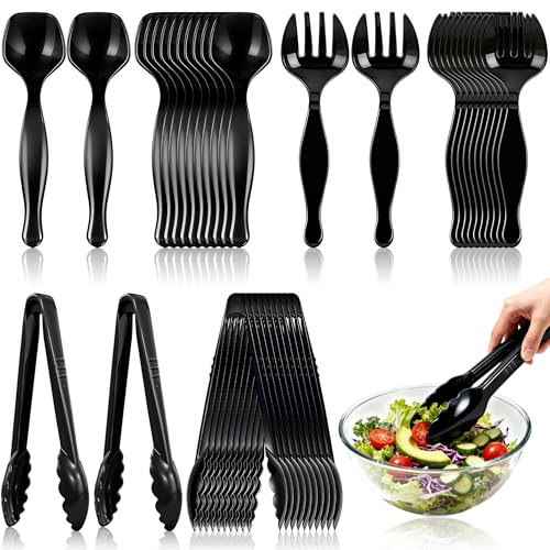 36Pcs Disposable Plastic Serving Utensils Set, 12 Black Spoons, 12 Forks, 12 Tongs, 9-Inch for Party Buffet Catering