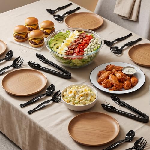 36Pcs Disposable Plastic Serving Utensils Set, 12 Black Spoons, 12 Forks, 12 Tongs, 9-Inch for Party Buffet Catering Events, Heavy Duty and Ergonomic Design - My Kitchen Products