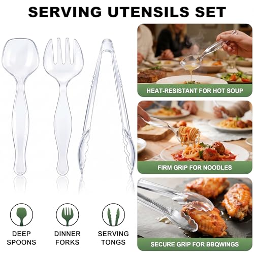 36Pcs Disposable Plastic Serving Utensils Set, 12 Clear Spoons, 12 Forks, 12 Tongs, 9-Inch for Party Buffet Catering Events, Heavy Duty and Ergonomic Design - My Kitchen Products
