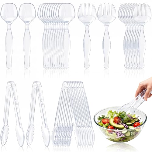 36Pcs Disposable Plastic Serving Utensils Set, 12 Clear Spoons, 12 Forks, 12 Tongs, 9-Inch for Party Buffet Catering