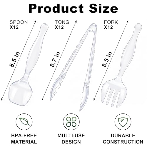36Pcs Disposable Plastic Serving Utensils Set, 12 Clear Spoons, 12 Forks, 12 Tongs, 9-Inch for Party Buffet Catering Events, Heavy Duty and Ergonomic Design - My Kitchen Products