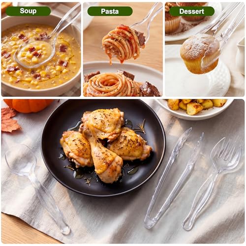 36Pcs Disposable Plastic Serving Utensils Set, 12 Clear Spoons, 12 Forks, 12 Tongs, 9-Inch for Party Buffet Catering Events, Heavy Duty and Ergonomic Design - My Kitchen Products