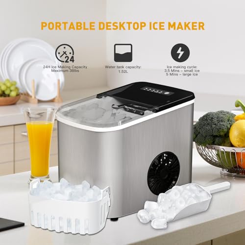 38lbs Per Day Countertop Ice Maker, 9 Ice Cubes in 3.5 Minutes, Self-Cleaning Portable Ice Machine with 2 Bullet Sizes for Kitchen, Camping, RV, and Party - My Kitchen Products