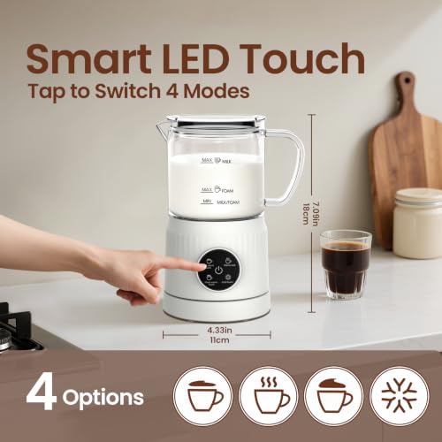 4-in-1 Electric Milk Frother and Steamer for Whole Milk, LED Touch Screen, Cold and Warm Foam Maker, Ceramic-Coated, 13.52oz for Lattes, Cappuccinos and Hot Chocolate, Auto Shut-Off, Cream White - My Kitchen Products