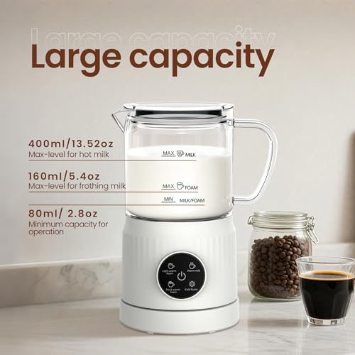 4-in-1 Electric Milk Frother and Steamer for Whole Milk, LED Touch Screen, Cold and Warm Foam Maker, Ceramic-Coated, 13.52oz for Lattes, Cappuccinos and Hot Chocolate, Auto Shut-Off, Cream White - My Kitchen Products