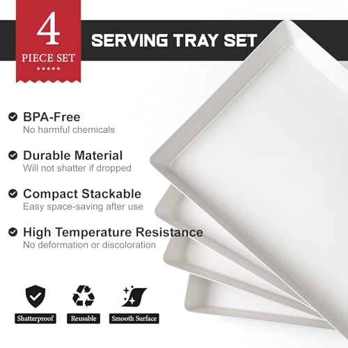 4-Pack Plastic 16" x 11" Large White Serving Trays Set - Reusable Serving Platters for Cookie, Appetizer, Charcuterie, Snack, Dessert, Party Food Display - Stackable Kitchen CounterTop Tray, BPA Free - My Kitchen Products