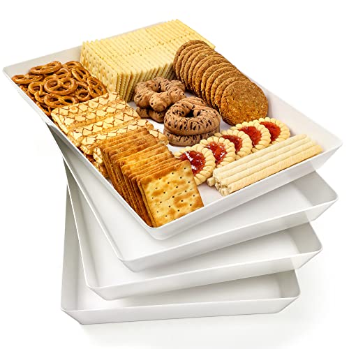 4-Pack Plastic 16" x 11" Large White Serving Trays Set, Reusable Serving Platters for Cookie, Appetizer, Charcuterie