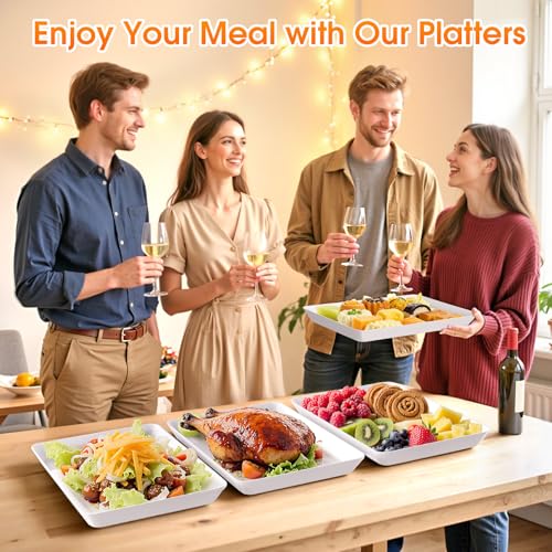 4-Pack Serving Tray, Serving Platter for Parties, Entertaining, Camping & Food Display, Reusable & Stackable Plastic Trays in Kitchen, Rectangular Food Platters for Cookie, Appetizer(White) - My Kitchen Products