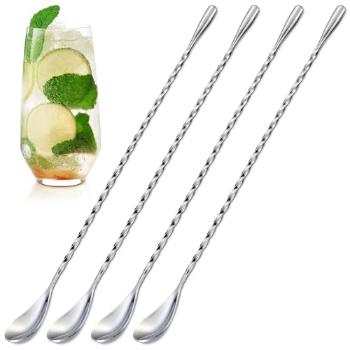 4 Pcs Bar Spoon Cocktail Mixing, 12'' Long Stainless Steel Cocktail Stirrers with Polished Surface, Home