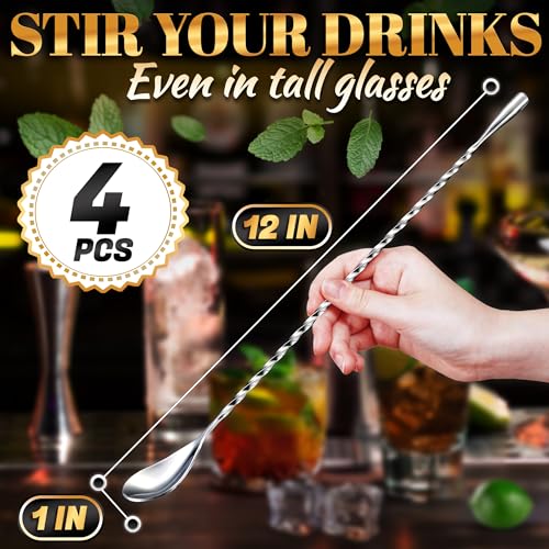 4 Pcs Bar Spoon Cocktail Mixing – 12'' Long Stainless Steel Cocktail Stirrers with Polished Surface – Home Bars, Coffee & Dirty Soda Bar Supplies, Practical Gift for Drink Mixing Lovers | Sugar Spoon - My Kitchen Products
