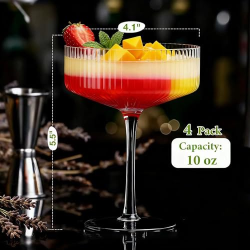 4 Pcs Ribbed Coupe Glasses, 10 oz Large Vintage Martini Glass Set, Unique Margarita Glass, Classic Cocktail Galssware, Ribbed Bar Drinking Glasses Set for Cocktail, Wine, Champagne, Espresso & Gift - My Kitchen Products