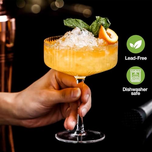 4 Pcs Ribbed Coupe Glasses, 10 oz Large Vintage Martini Glass Set, Unique Margarita Glass, Classic Cocktail Galssware, Ribbed Bar Drinking Glasses Set for Cocktail, Wine, Champagne, Espresso & Gift - My Kitchen Products