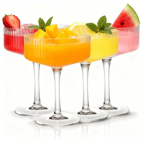 4 Pcs Ribbed Coupe Glasses, 10 oz Large Vintage Martini Glass Set, Unique Margarita Glass, Classic Cocktail
