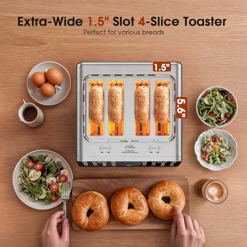 4-Slice Smart Toaster, 1800W Digital Touchscreen with Dual-Zone Control, 1.5" Extra-Wide Slots for Bagels & Thick Bread, 6 Browning Levels & 6 Presets, Single-Slot Energy Saving, Defrost/Reheat - My Kitchen Products