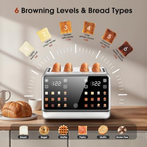 4-Slice Smart Toaster, 1800W Digital Touchscreen with Dual-Zone Control, 1.5" Extra-Wide Slots for Bagels & Thick Bread, 6 Browning Levels & 6 Presets, Single-Slot Energy Saving, Defrost/Reheat - My Kitchen Products