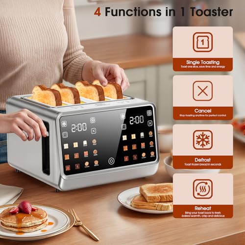 4-Slice Smart Toaster, 1800W Digital Touchscreen with Dual-Zone Control, 1.5" Extra-Wide Slots for Bagels & Thick Bread, 6 Browning Levels & 6 Presets, Single-Slot Energy Saving, Defrost/Reheat - My Kitchen Products