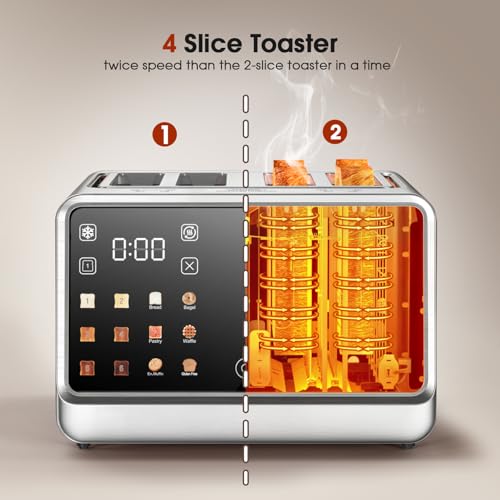 4-Slice Smart Toaster, 1800W Digital Touchscreen with Dual-Zone Control, 1.5" Extra-Wide Slots for Bagels & Thick Bread, 6 Browning Levels & 6 Presets, Single-Slot Energy Saving, Defrost/Reheat - My Kitchen Products