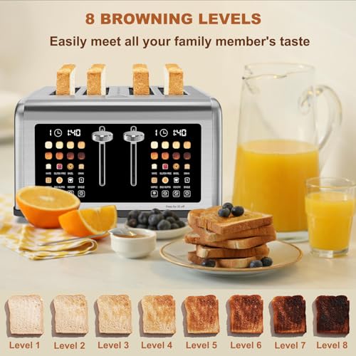 4 Slice Toaster Touch Screen, Stainless Steel Toasters Digital Timer, Dual Control Panel Toasters, 8 Shade Settings 6 Bread Types for Bagel, Cancel, Defrost 1650W - My Kitchen Products
