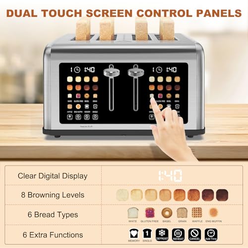 4 Slice Toaster Touch Screen, Stainless Steel Toasters Digital Timer, Dual Control Panel Toasters, 8 Shade Settings 6 Bread Types for Bagel, Cancel, Defrost 1650W - My Kitchen Products