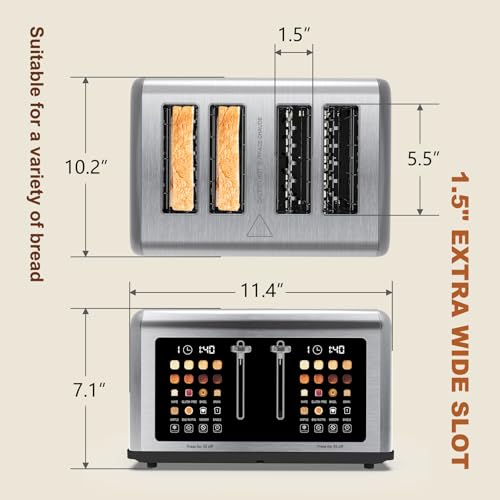 4 Slice Toaster Touch Screen, Stainless Steel Toasters Digital Timer, Dual Control Panel Toasters, 8 Shade Settings 6 Bread Types for Bagel, Cancel, Defrost 1650W - My Kitchen Products