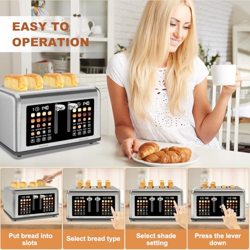 4 Slice Toaster Touch Screen, Stainless Steel Toasters Digital Timer, Dual Control Panel Toasters, 8 Shade Settings 6 Bread Types for Bagel, Cancel, Defrost 1650W - My Kitchen Products
