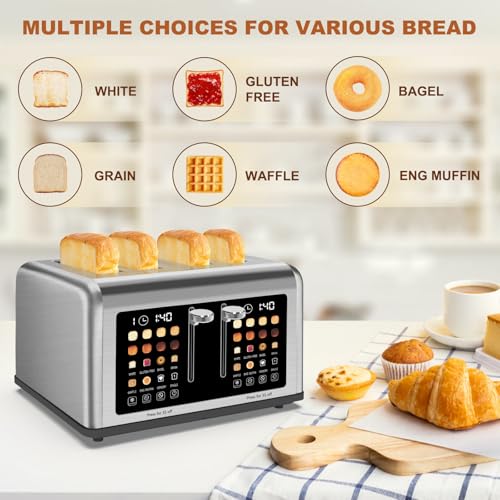 4 Slice Toaster Touch Screen, Stainless Steel Toasters Digital Timer, Dual Control Panel Toasters, 8 Shade Settings 6 Bread Types for Bagel, Cancel, Defrost 1650W - My Kitchen Products
