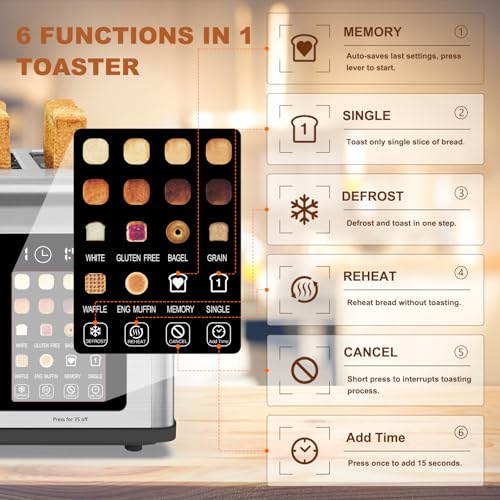 4 Slice Toaster Touch Screen, Stainless Steel Toasters Digital Timer, Dual Control Panel Toasters, 8 Shade Settings 6 Bread Types for Bagel, Cancel, Defrost 1650W - My Kitchen Products