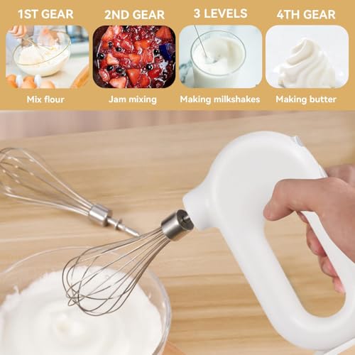 4 Speed Electric Hand Mixer, Mini 4 Speed Adjustable Cordless USB Rechargeable Electric Whisk Hand Mixer Portable Handheld Mixer 1500mAh Egg Beater (White) - My Kitchen Products
