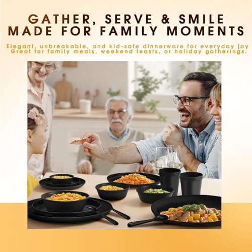 40 Piece Plastic Dinnerware Set for 8 with Cutlery, Unbreakable Plates and Bowls Set, Dishwasher & Microwave Safe Reusable Dish Set for Camping, RV, Outdoor Kitchen, Apartment Dining, Black - My Kitchen Products