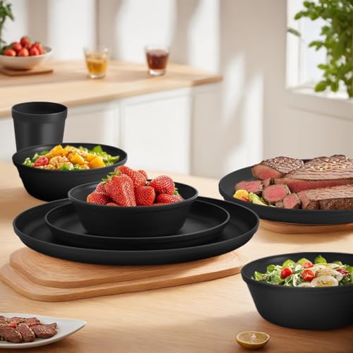 40 Piece Plastic Dinnerware Set for 8 with Cutlery, Unbreakable Plates and Bowls Set, Dishwasher & Microwave Safe Reusable Dish Set for Camping, RV, Outdoor Kitchen, Apartment Dining, Black - My Kitchen Products