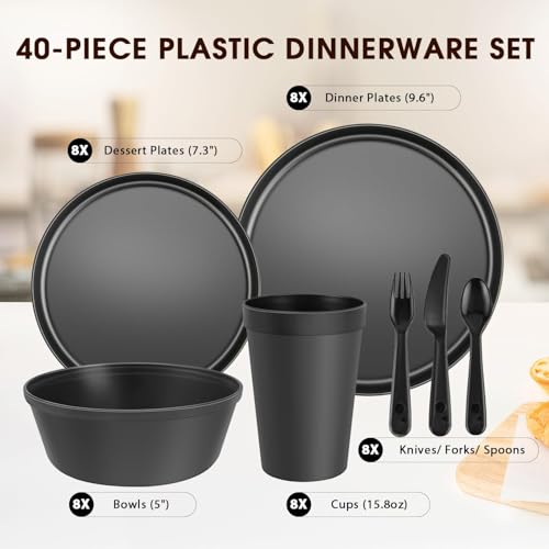 40 Piece Plastic Dinnerware Set for 8 with Cutlery, Unbreakable Plates and Bowls Set, Dishwasher & Microwave Safe Reusable Dish Set for Camping, RV, Outdoor Kitchen, Apartment Dining, Black - My Kitchen Products