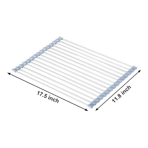 MECHEER Over The Sink Dish Drying Rack, Roll Up Dish Drying Rack Kitchen Dish Rack Stainless Steel Sink Drying Rack, Foldable Dish Drainer, 17.5''x11.8''