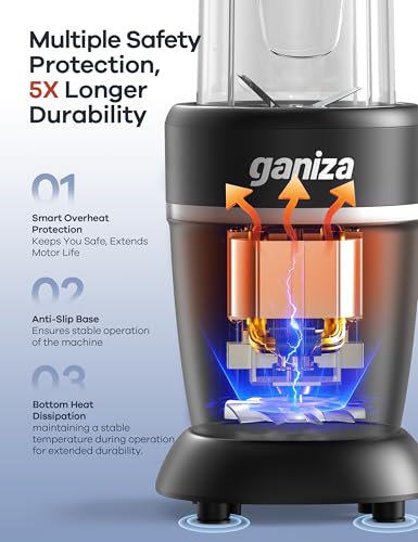 Ganiza Smoothie Blender, Max 1300 Watt Personal Blender and Grinder Combo for Kitchen, Portable Maker for Smoothies, Shakes, Frozen Drinks, Sauces with 6-Leaf Blade, 23 oz, (2) 37 oz To-Go Cups