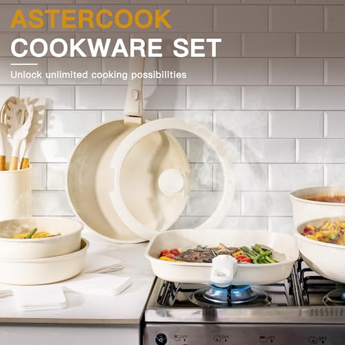 Astercook 23 Pcs Pots and Pans Set Non Stick, Ceramic Cookware Set Detachable Handle, RV Kitchen Cooking Set Removable Handles, Oven Safe, Induction Ready, Stackable, Cream, Fathers Day Gift for Men