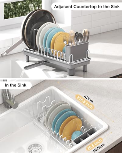 Nfnoyp Dish Rack, Carbon Steel Small Dish Drying Rack Rustproof for Kitchen Counter, Compact Space-Saving Dish Drainer with Adjustable Slots for Small Kitchens & Apartments, 16.5×6.5×7inch, Grey