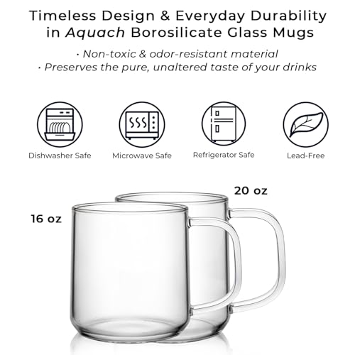 Aquach Glass Coffee Mugs, 20 oz Large Clear Drinking Glasses, Dishwasher & Microwave Safe, Everyday Use for Coffee Tea Juice, Home Office Kitchen Essentials, 2-Pack