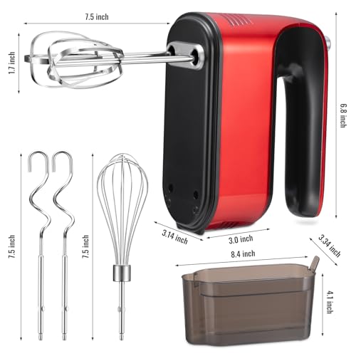 CBQ Hand Mixer Electric, 9 Speed 400W Handheld Mixer with Digital, Touch Button, Turbo, Snop-On Storage Case, 5 Stainless Steel Accessories, Hand Mixer Electric Handheld for Cake, Cookie, Egg (Red)