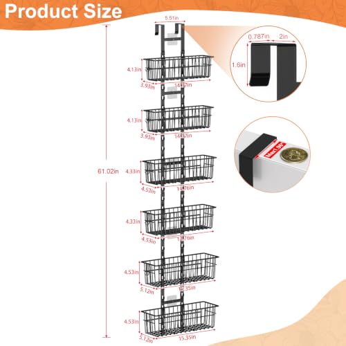 Hongtamoya Over The Door Organizer, Adjustable Hanging Door Organizer with 6 Wire Baskets 5 Hooks, Metal Behind The Door Storage for Pantry Closet Bedroom Bathroom Cabinet Kitchen Laundry Room, Black