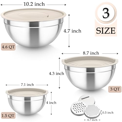 TeamFar Mixing Bowls, Stainless Steel Nesting Salad Bowls with Lids Set of 3 & 3 Grater Attachments, For Mixing/Serving/Storing, Non-toxic & Long-lasting, Size 4.6/3 / 1.5 QT, Khaki