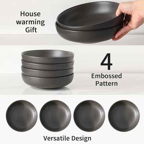 Tikooere Stoneware Pasta Bowls, 34 oz Large Salad Bowl Set of 4, Ceramic Serving Bowls for Ramen, Pasta, Fruit, Cereal, Dinner, Wide and Shallow Bowls, Microwave & Dishwasher Safe, Matte Black