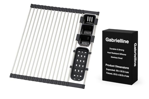 Gabrielline Expandable Roll Up Dish Drying Rack for Kitchen Sink, 21.6” x 12.7” Stainless Steel Over Sink Drying Mat with Utensil Holder & Drip Tray, Space Saving Heavy Duty Kitchen Rack Set