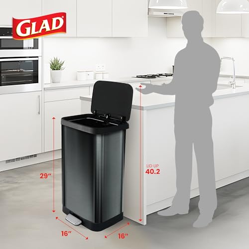 Glad 20 Gallon Stainless Steel Trash Can with Clorox Odor Protection | Large Metal Kitchen Garbage Bin with Soft Close Lid, Garbage Bag Rings, Step On Foot Pedal and Waste Bag Roll Holder, Pewter