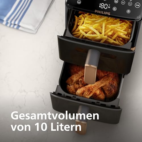 Philips Airfryer 4000 Series Stacked Dual Basket, Stacked Air Fryer with 2 Baskets, 10L, RapidAir Technology, 45% Less Space Required, PFAS Free Ceramic Coating, Viewing Window (NA462/70)